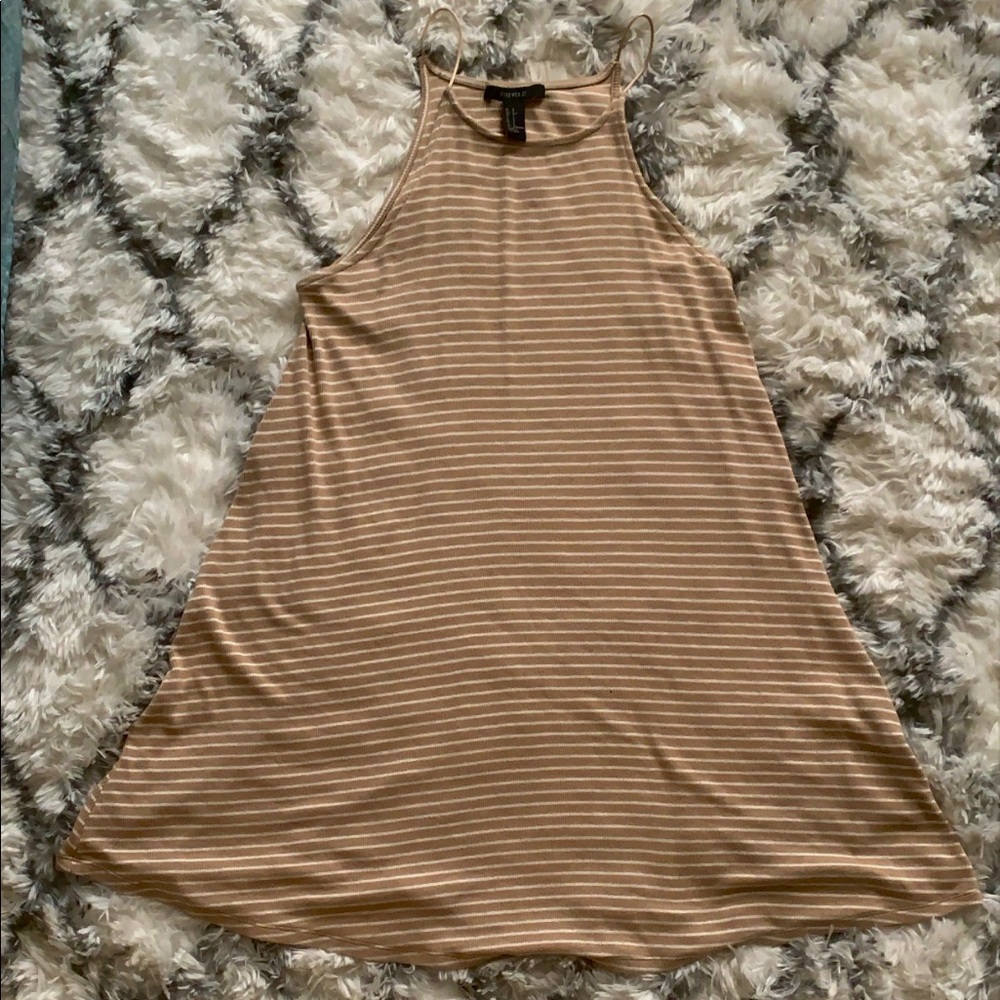 White & Tan Striped Spaghetti Strapped Mini Dress